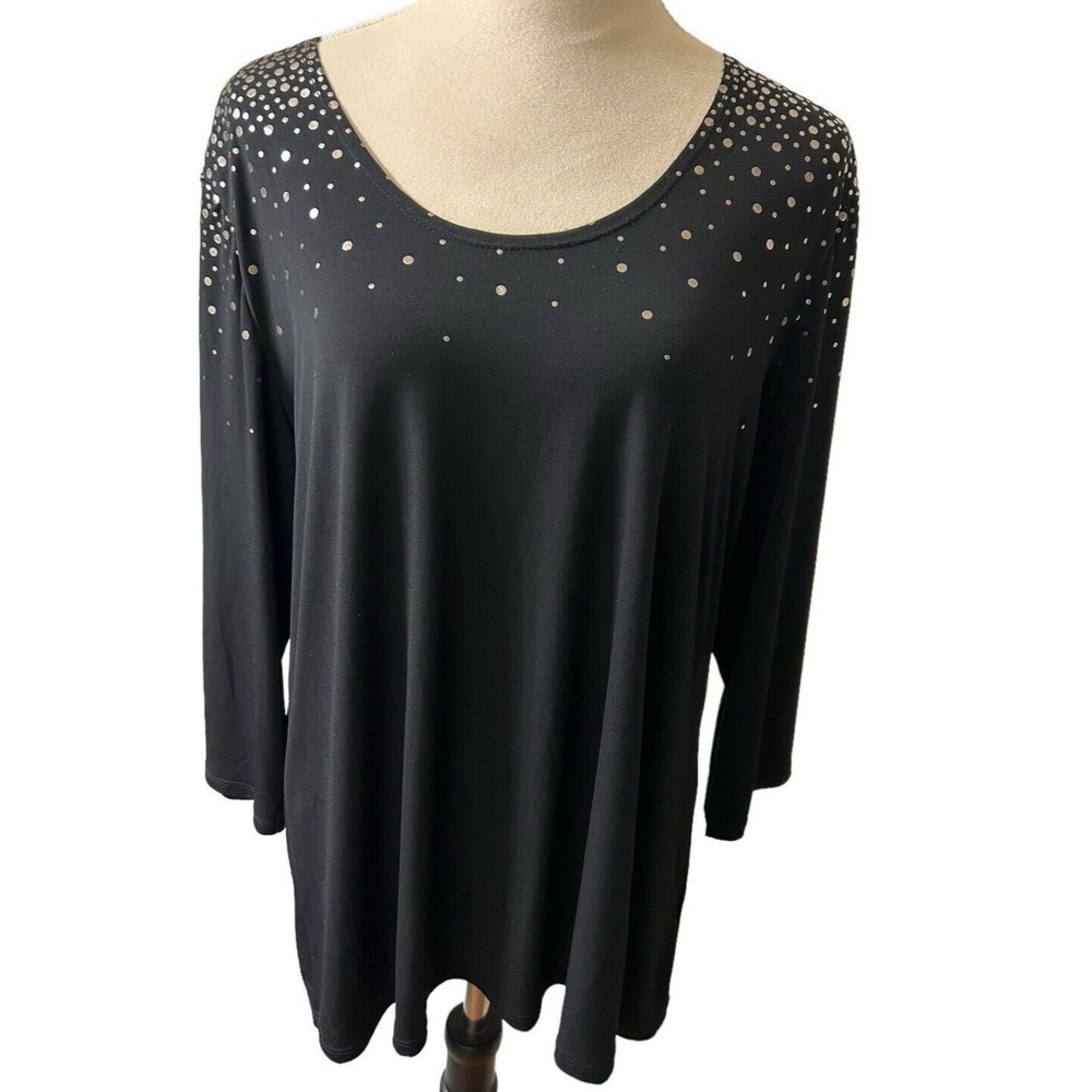 Susan Graver Womens Tunic Pullover Top Black Beaded 3/4 Sleeve Stretch XL